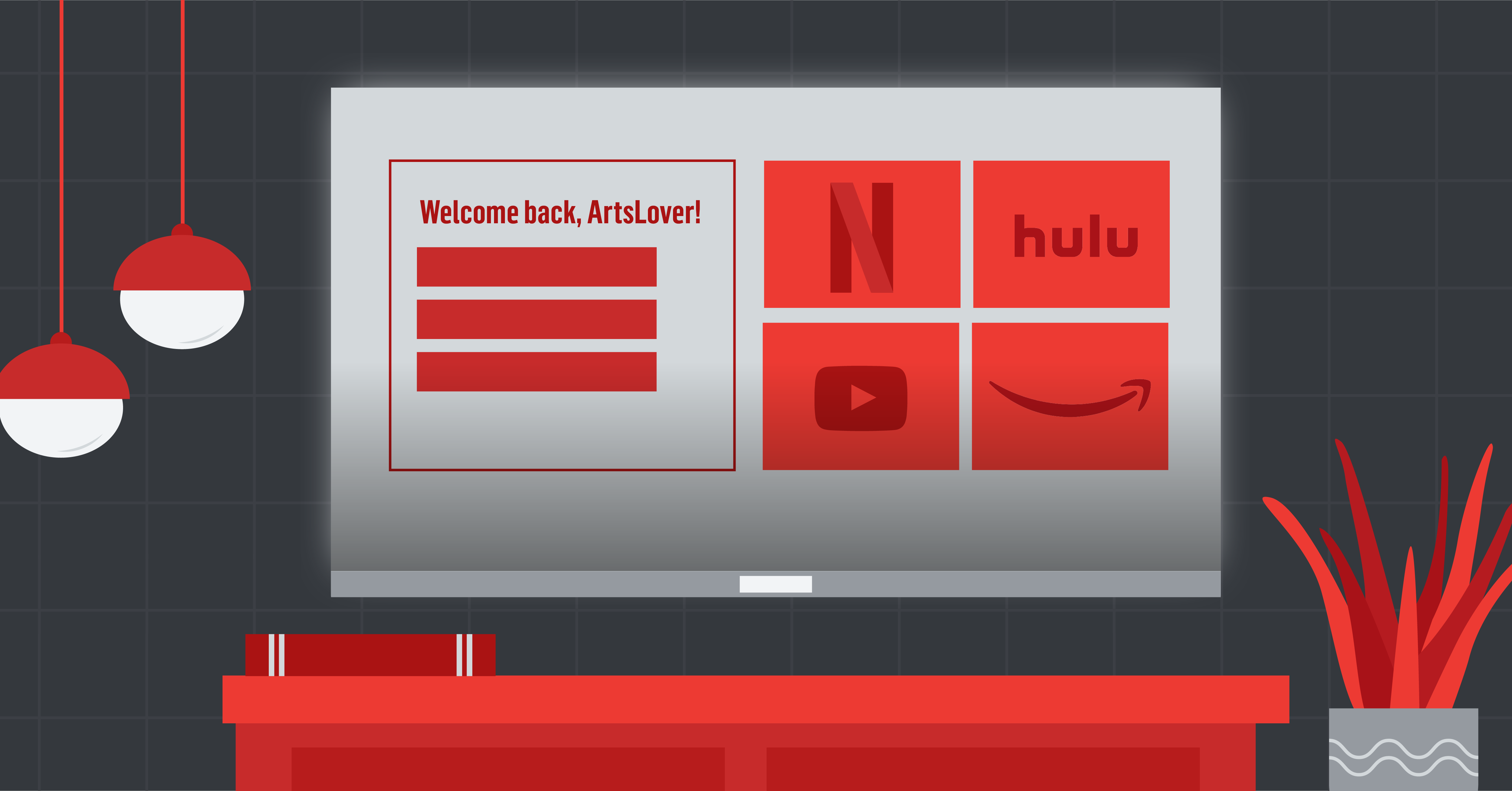 CTV illustration showing Netflix, Hulu, YouTube, and Amazon Prime Video icons