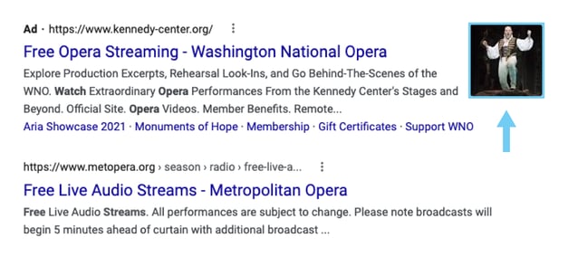 SERP page with a blue arrow pointing towards the image extension on Washington National Opera's search ad that reads "Free Opera Streaming - Washington National Opera"