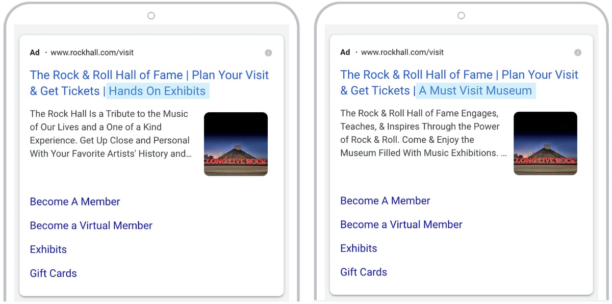Side by side mobile SERP for the Rock & Roll Hall of Fame with image extensions