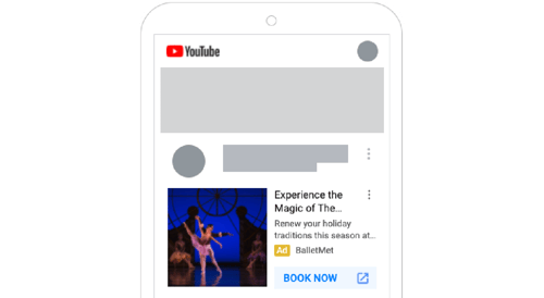 Screenshot of a YouTube mockup of BalletMet's Discovery ad featuring dancers mid pose on stage. Headline text: Experience the Magic of The Nutcracker