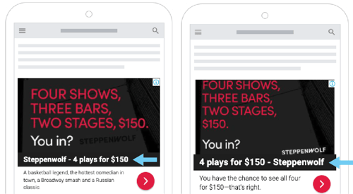 Screenshot of Steppenwolf's responsive display ads featuring two different combinations of headlines and description text.