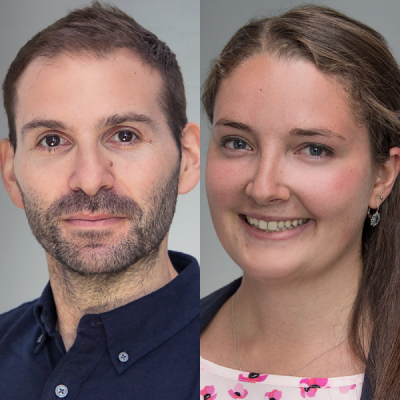Capacity Interactive's Erik Gensler is wearing a navy button-up shirt and is smiling softly and Capacity Interactive's Jess Bergson is wearing a floral pick blouse and navy cardigan while smiling