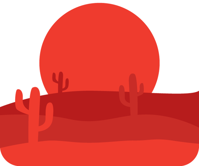Illustration of a sun rising over a desert scene featuring three cactus plants