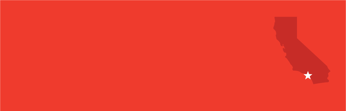 Solid red background with an illustration of California in a darker red featuring a white star denoting Los Angeles' location