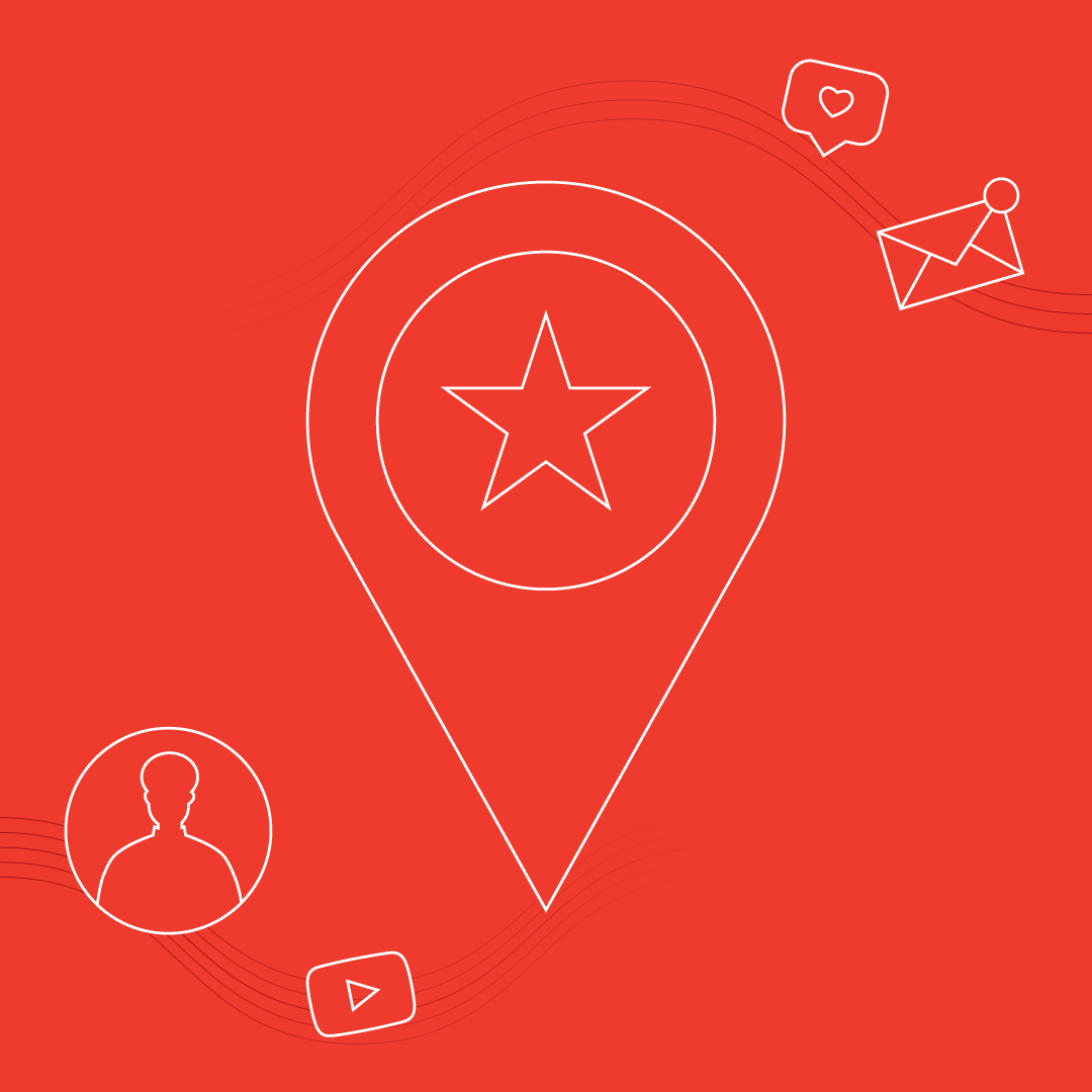 White, linear illustration of a location pin, social media, and email icons on a bright red background
